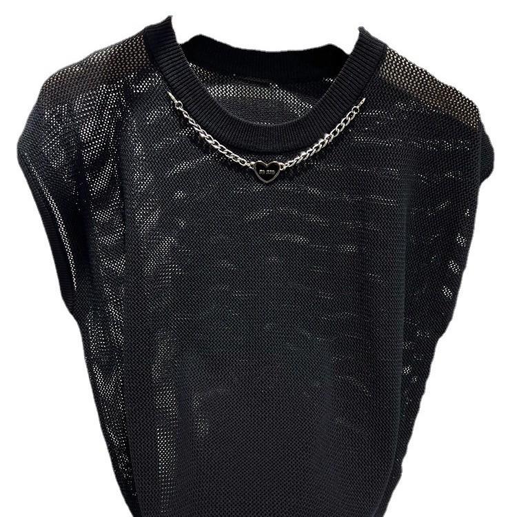 European Chain Splicing Ice Silk Sleeveless Knitted Shirt Women's Summer New Hollow Fashionable T-shirt Top Tide