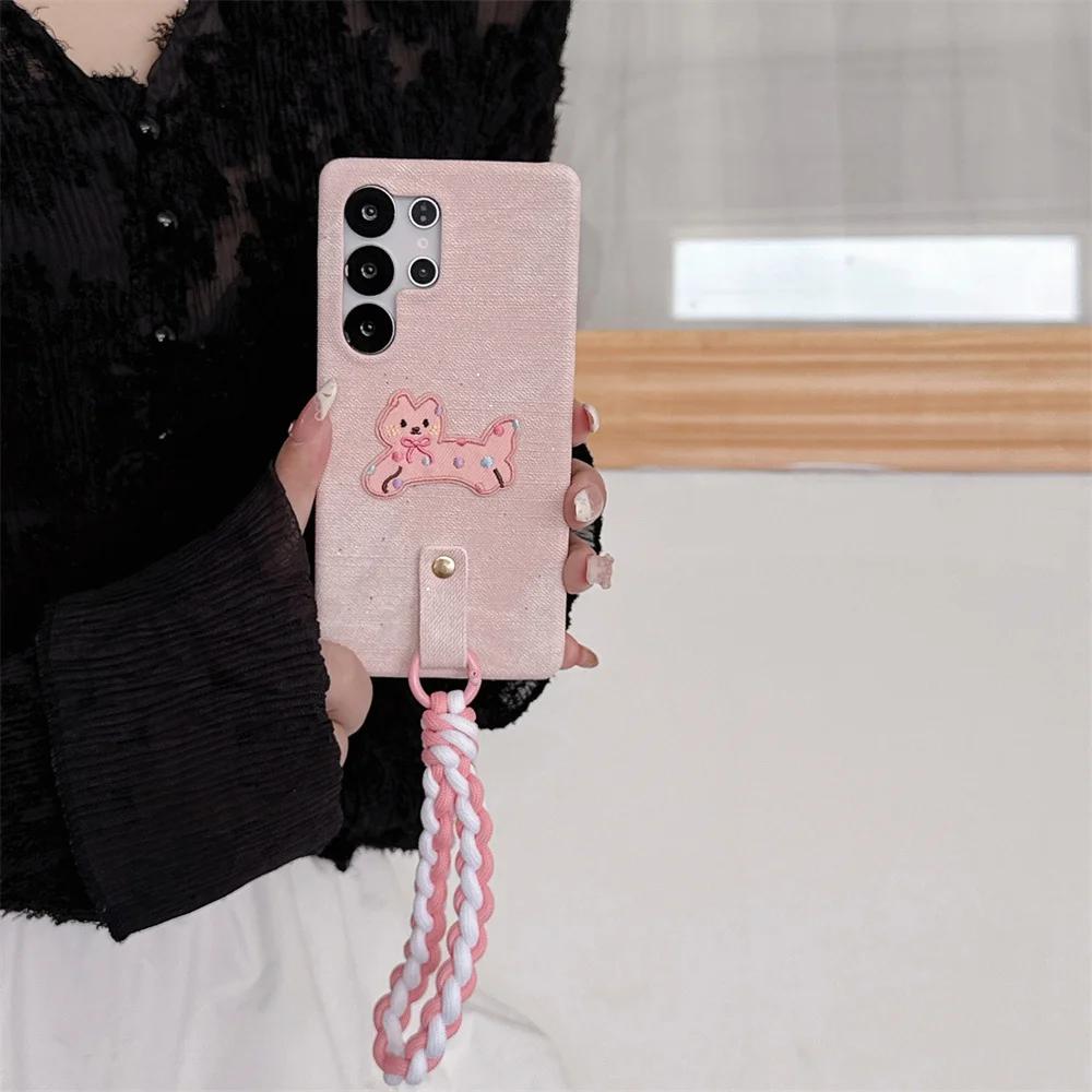 Wrist Strap Weave Cartoon Shockproof Phone Case for Samsung S25 S24 S23 Ultra Galaxy S25 S24 S23 Cowboy Leather Protective Cover