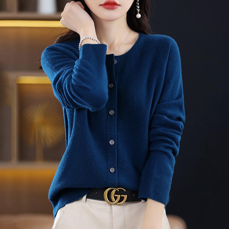 Women's Round Neck Knit Cardigan - Korean Style Loose Sweater, Garter Stitch Outerwear for Spring and Autumn