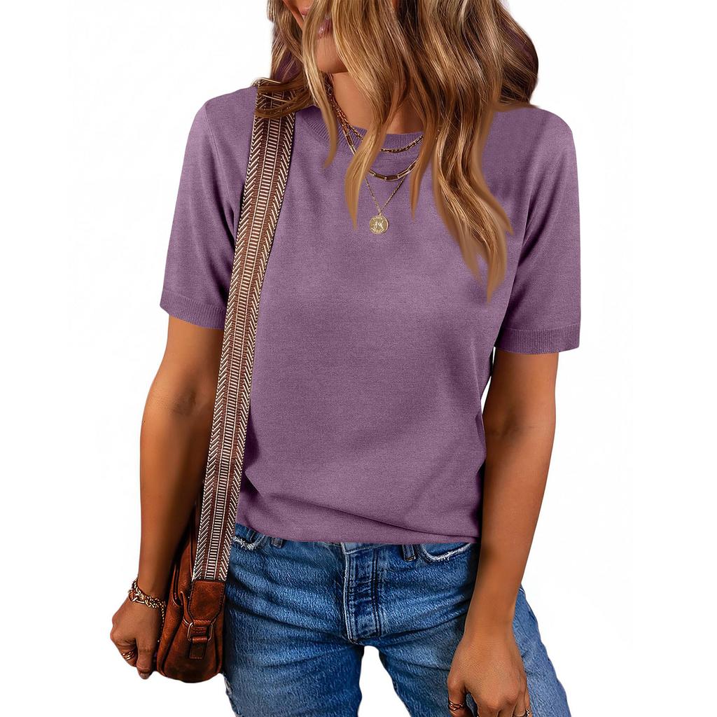 Women Pullover Sweater Wool Blend Short Sleeve Crew Neck Casual Lightweight Knitwear for Everyday Wear