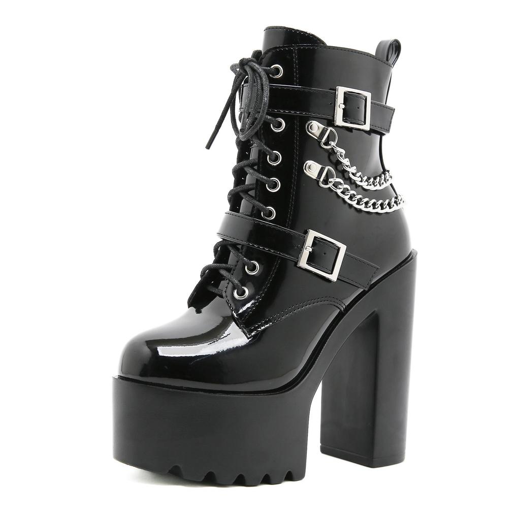 Gdgydh High Heels Boots DJ Stage Performance Chunky Heel Ankle Boots with Chains & Buckles Nightclub Party Shoes for Women