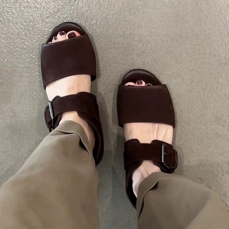 Version peau de mouton~ Sandales d'été pour femmes à bout ouvert rétro français à un bouton, sens du design polyvalent, vacances, sandales romaines