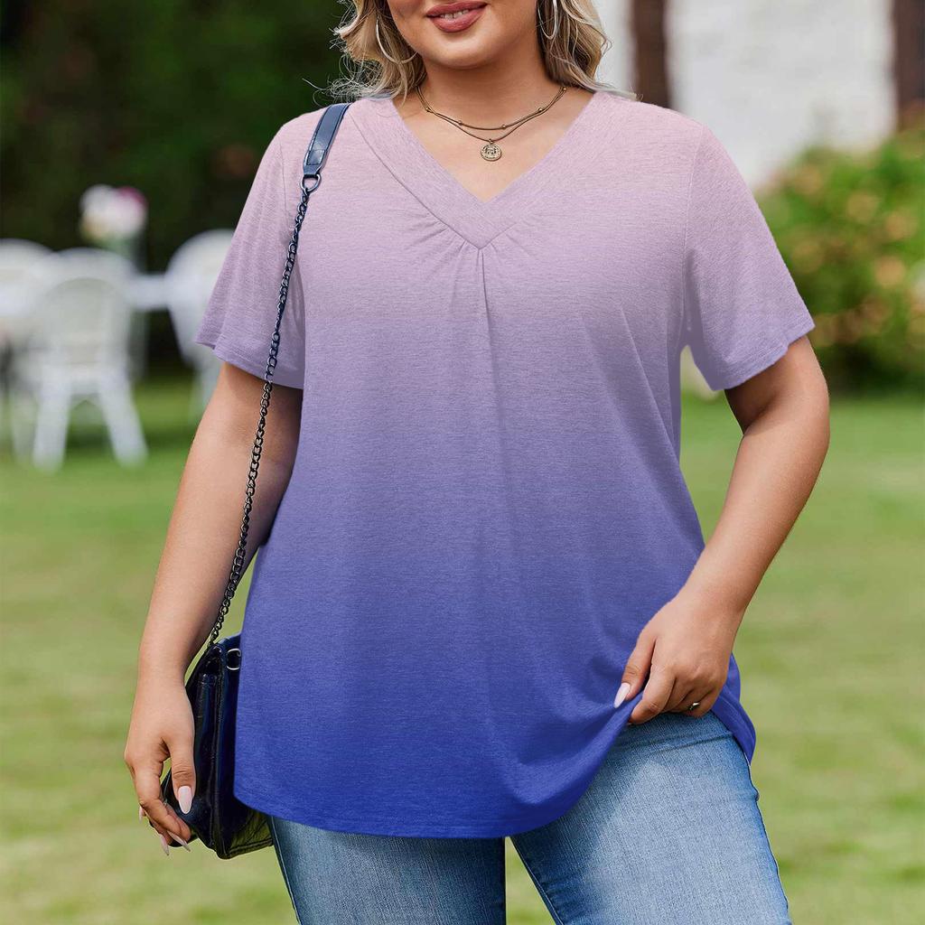 Damska Modna Codzienna Luźna Bluzka Plus Size z Krótkim Rękawem Elegancka z Dekoltem V Do Pracy