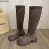 Autumn Winter Vintage Knee-High Long Boots Brown Platform Suede Stretch Boots Versatile Slip on Botas for Women Bottes Femmes