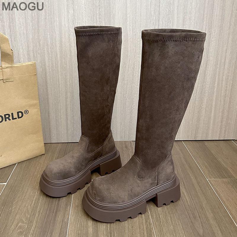 Autumn Winter Vintage Knee-High Long Boots Brown Platform Suede Stretch Boots Versatile Slip on Botas for Women Bottes Femmes