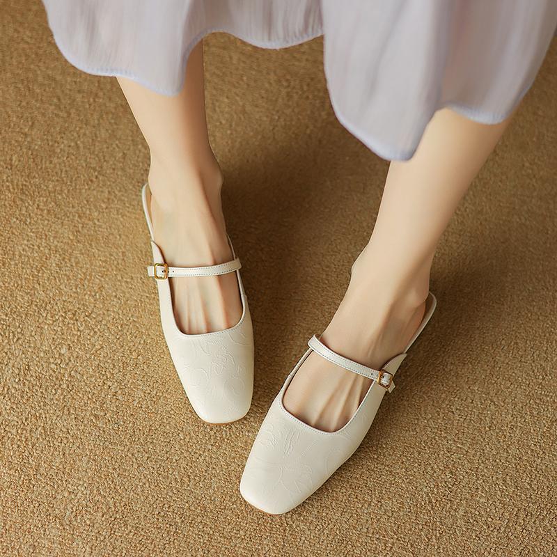 Fashion 2025 Summer Women Mules Genuine Leather Women Shoes square Toe Chunky Heel Shoes Cover Toe Slingback Sandals Shallow Slippers