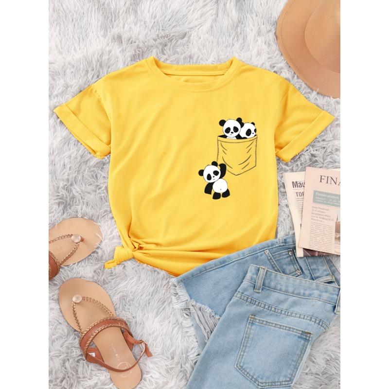 Panda printed round neck T-shirt, casual short sleeved women's clothing for spring and summer