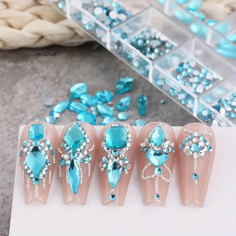 12-Grid 3D Nail Art Rhinestones Set Super-Shiny Flatback Adhesive Rhinestones for DIY Decorative Nail Art Multiple Shapes