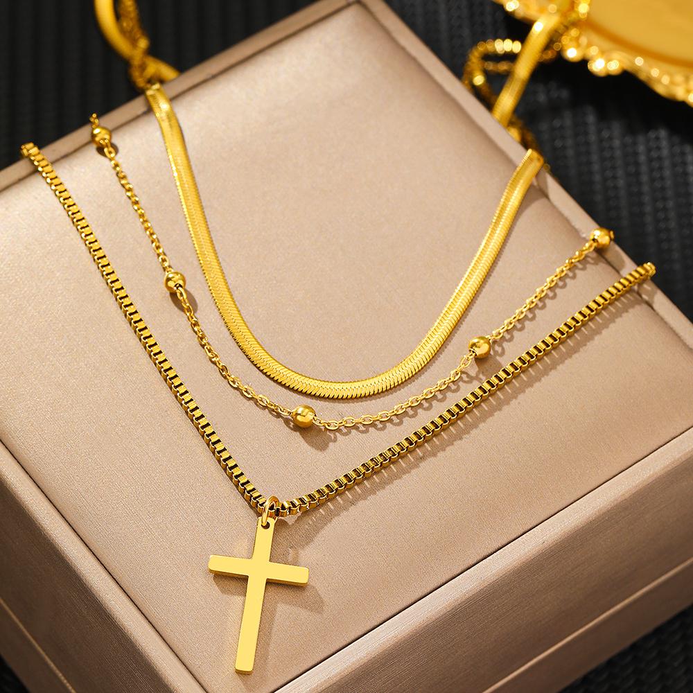 Stainless Steel Necklaces Fashions Temperament Crucifixion Pendant Multilayer Chain Necklace For Women Zircon Birthday Gift New