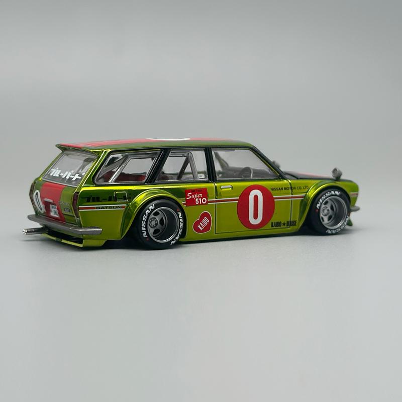 Kaido House MINIGT Datsun KAIDO 510 Wagon OG Flo Yellow chrome alloy car Model 164