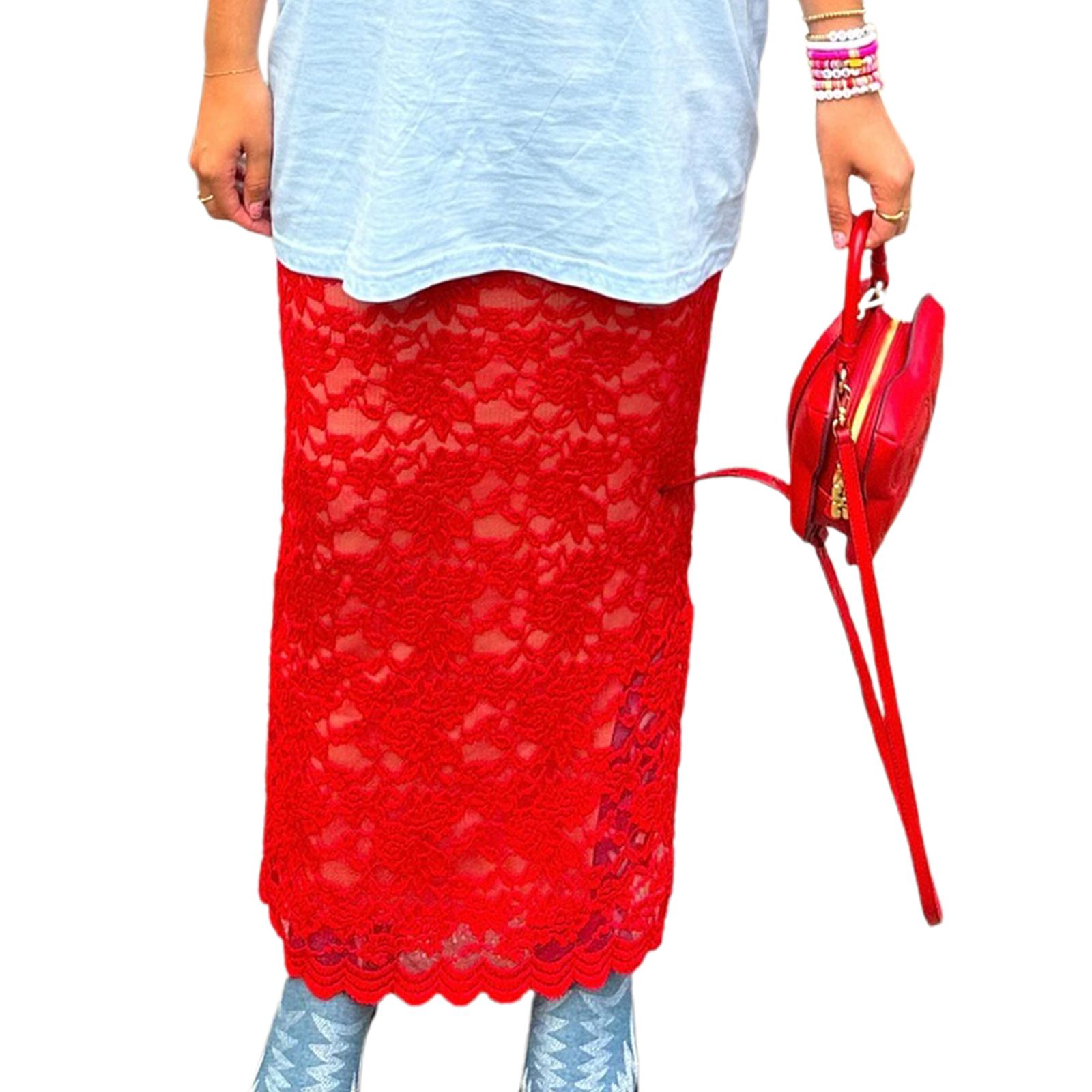 

Женские кружевные длинные юбки Элегантные однотонные прозрачные юбки миди с низкой талией Юбки облегающего кроя красный