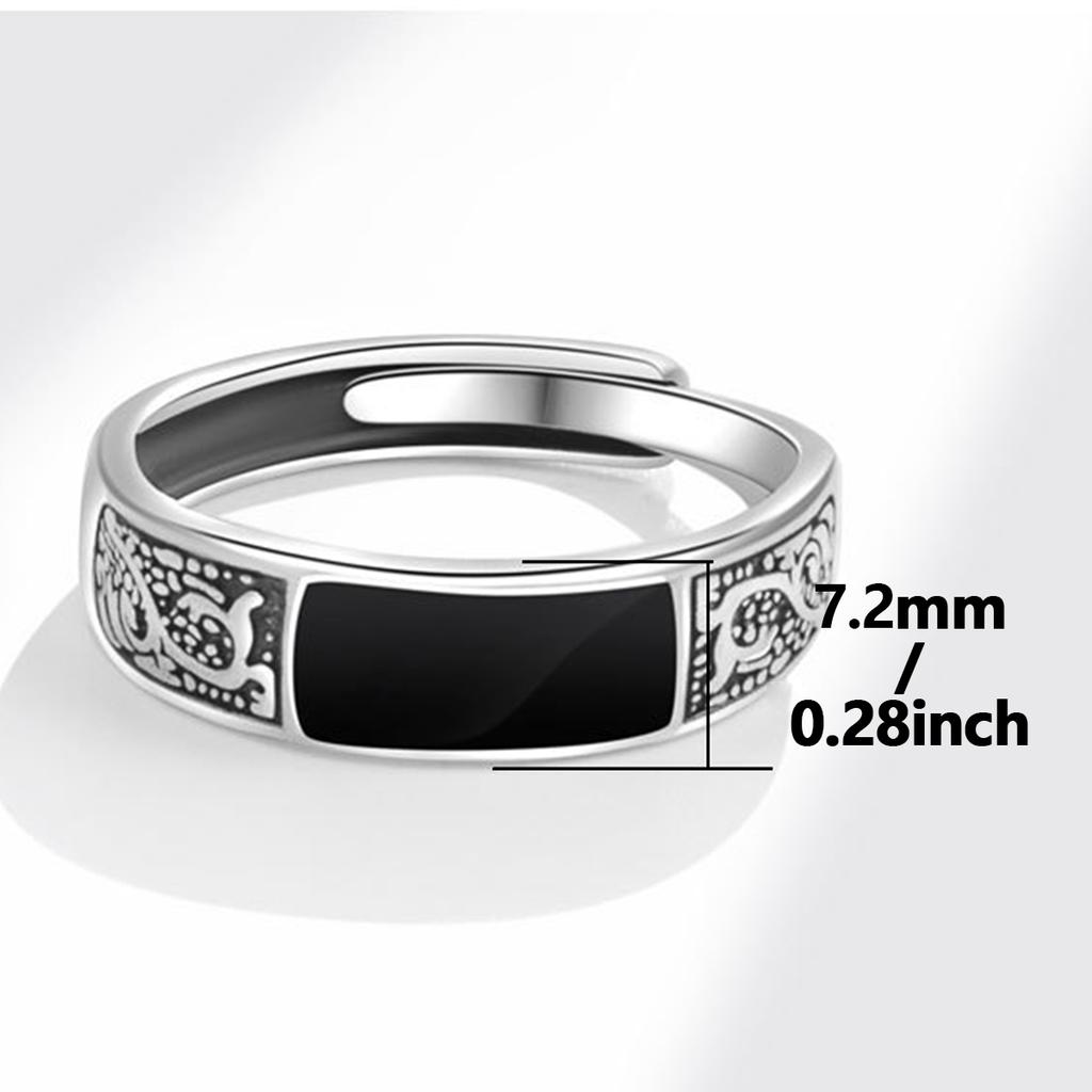 Silver Color Men's Stainless Steel Ring with Black Rectangle Retro Open Dragon Pattern Fashion Male Jewelry Accessory