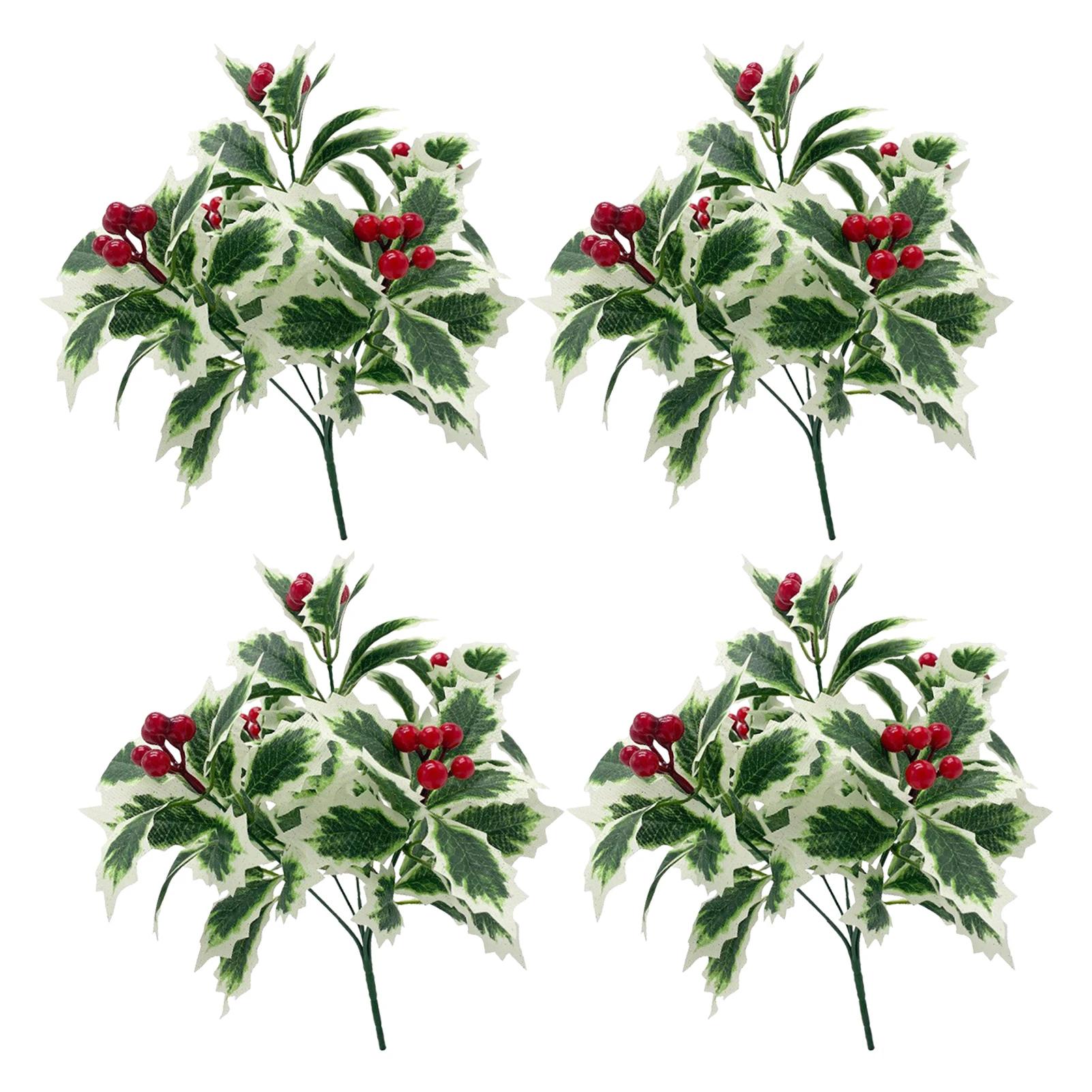 

4pcs Simulated Christmas Leaf Pulp Fruit Branches Artificial Plant Christmas Leaf Bundle Xmas Red Fruit Bouquet With Leaves