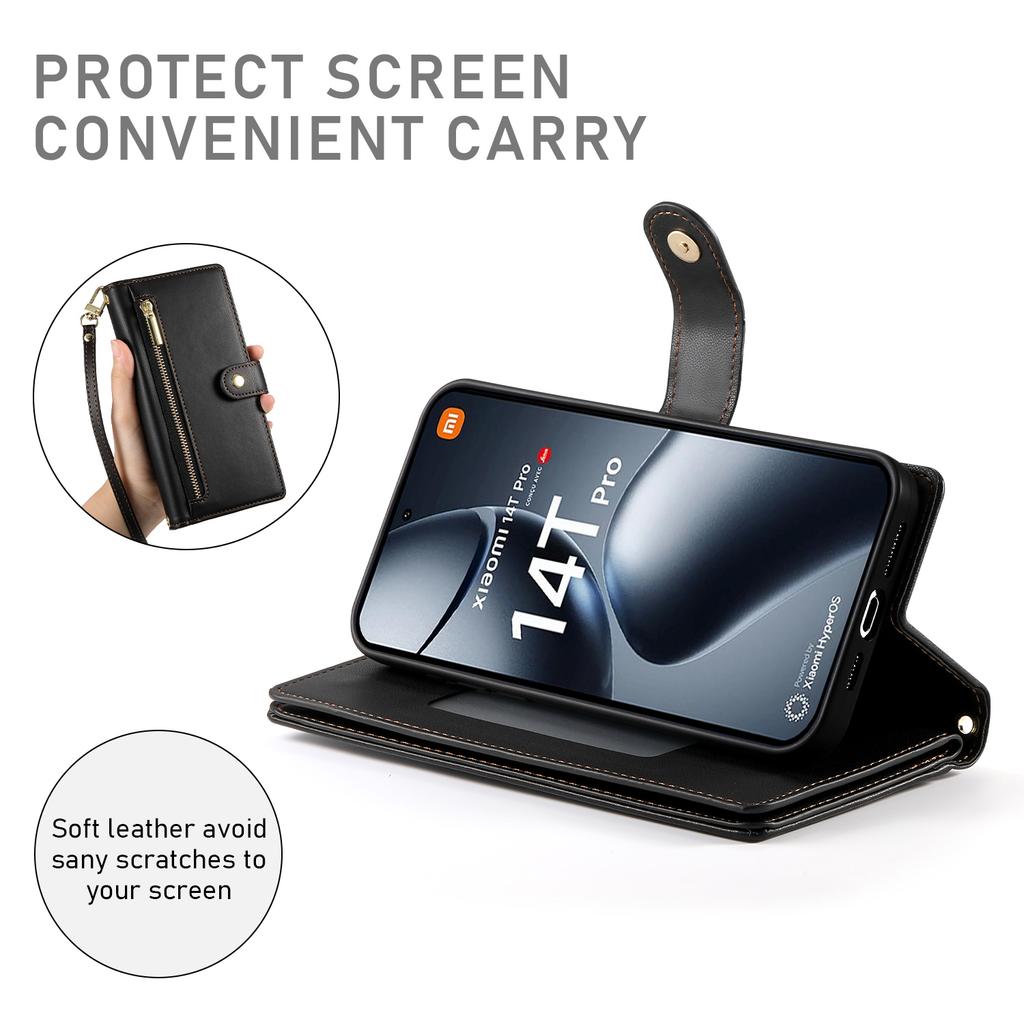 DF-011 For Xiaomi 14T Pro Case Zipper Pocket Wallet Leather Phone Cover with Straps