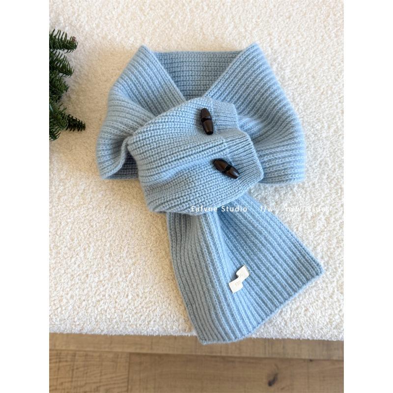 Pure Wool Horn Button Scarf Solid Color Small Scarf Cross Ladies Lazy Warm Autumn and Winter Collar