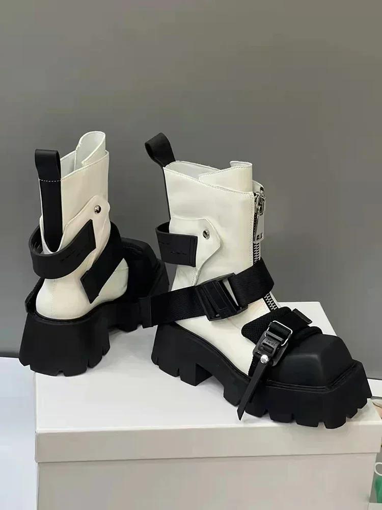 Fashion Luxury Leather Ankle Boots Women Zip Belt Buckle Strap Design Motorcycle Boots Thick Bottom Non-slip Platform Botas Para Mujer