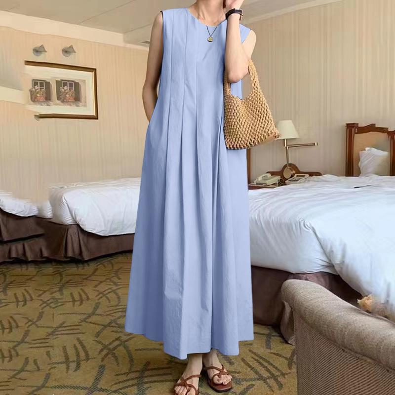 ZANZEA Damen Lässig Rundhals Sommer Ärmelloses Kleid