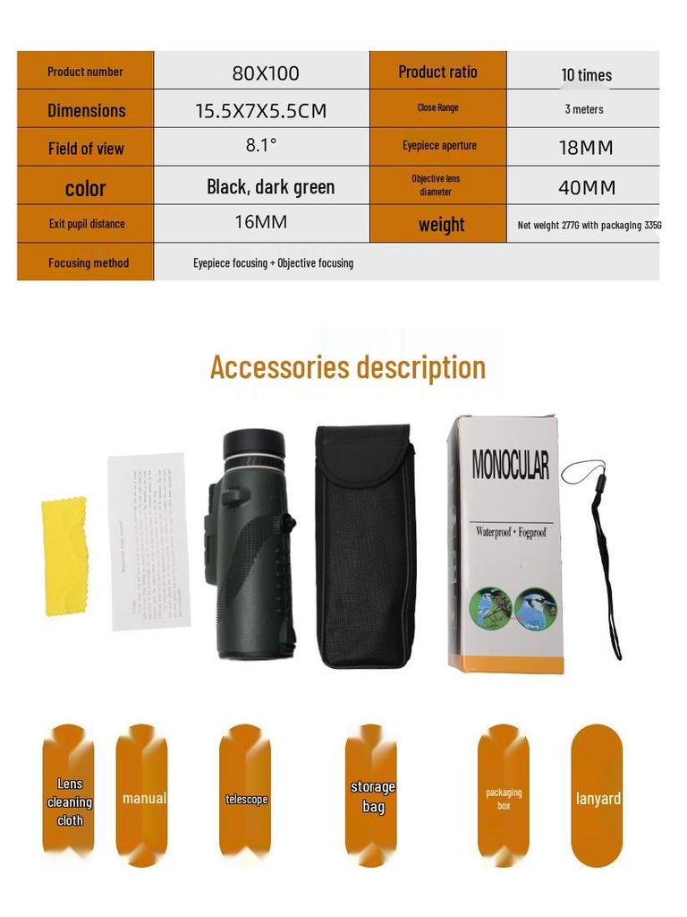 80X100 High-Power HD Monocular Telescope for Adults - Outdoor Use, Customizable