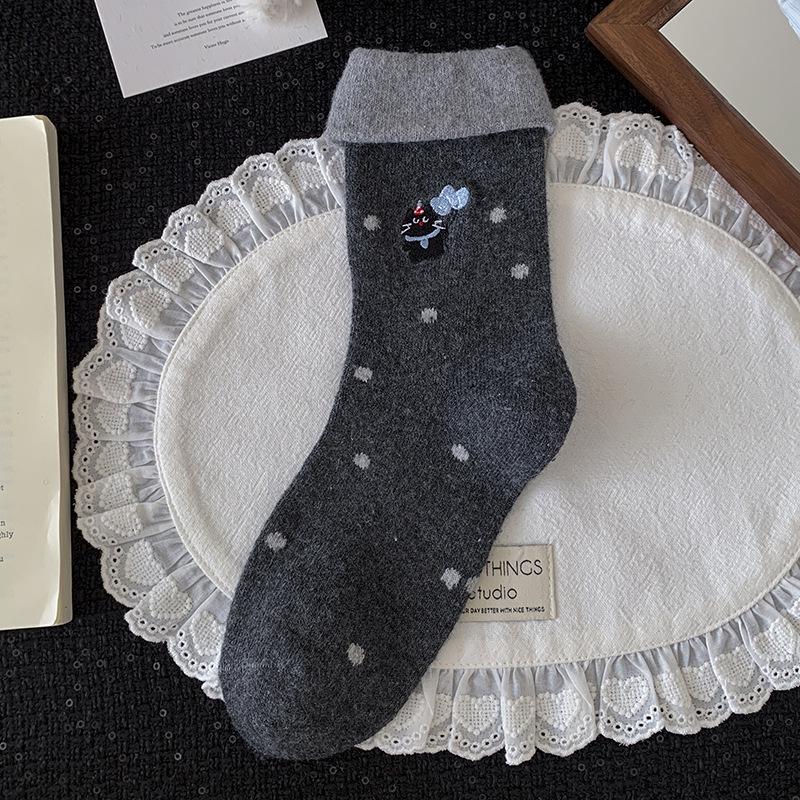 Gray Wool Socks Children'S Season Warm Medium Tube Socks Cute Cartoon Embroidered Cat Striped Cloth Label Stacking Socks