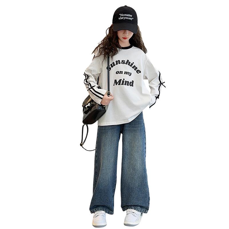 2025 Trendy Girls' Loose Long Sleeve Letter Stripe Top for Big Kids