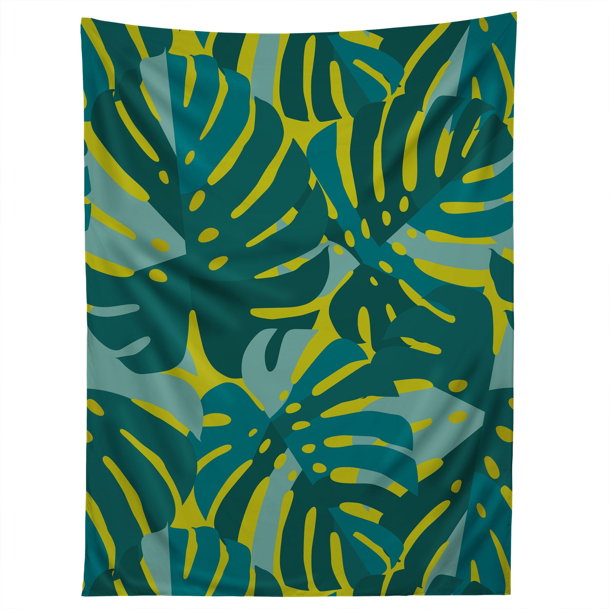 MONSTERA LEAVES IN TEAL tapestry 75x100