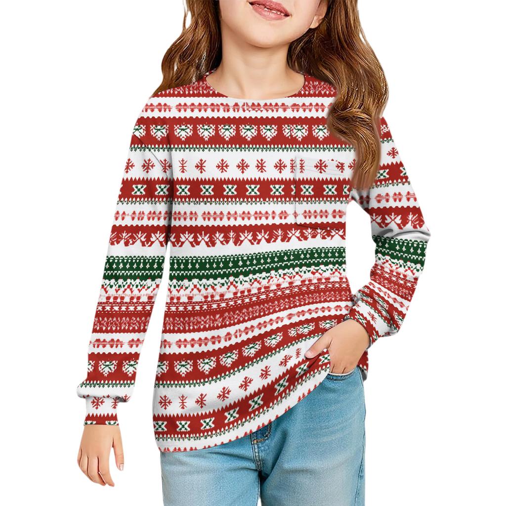Christmas Day Girls' Long Sleeve Blouse - Round Neck Soft Waist Tunic