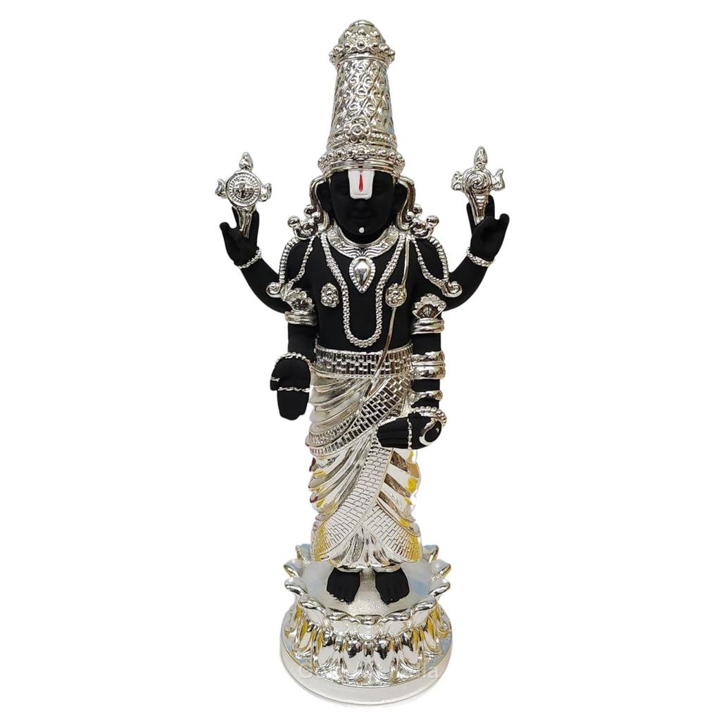 Lord Tirupati Balaji Kamal Silver Plated Black Idol for Mandir Pooja | Lord Venkateswara Swamy for Diwali Decor