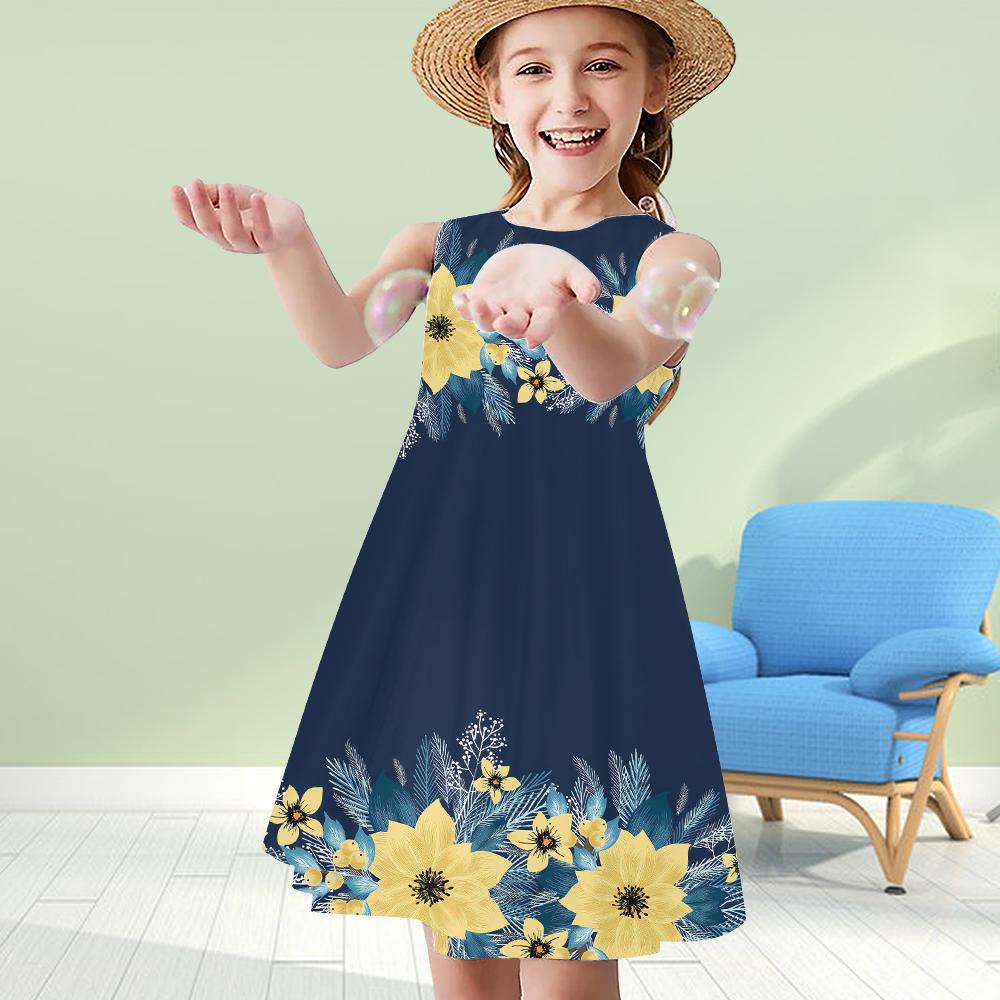 

Летние платья-майки без рукавов с круглым вырезом, платья принцессы, милые платья для девочек с 3D-принтом и цветочным узором 110 синий