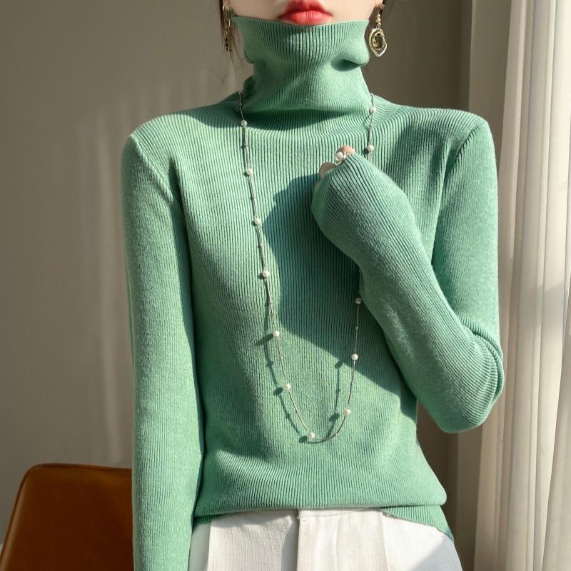 

Вязаная базовая рубашка с воротником-стойкой для женщин, новинка осени и зимы, приятный к коже теплый свитер, простой и универсальный топ с длинным рукавом XXL озеро зеленый