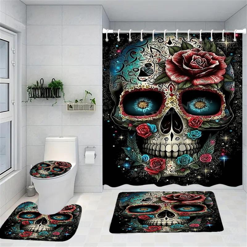 

Halloween Skull Shower Curtain Simple Bath Sets Waterproof Non-Slip Bathroom Rug Toilet U With 12 Hooks Home Deco Free Ship Eye W60H190(CM)-1 Pcs