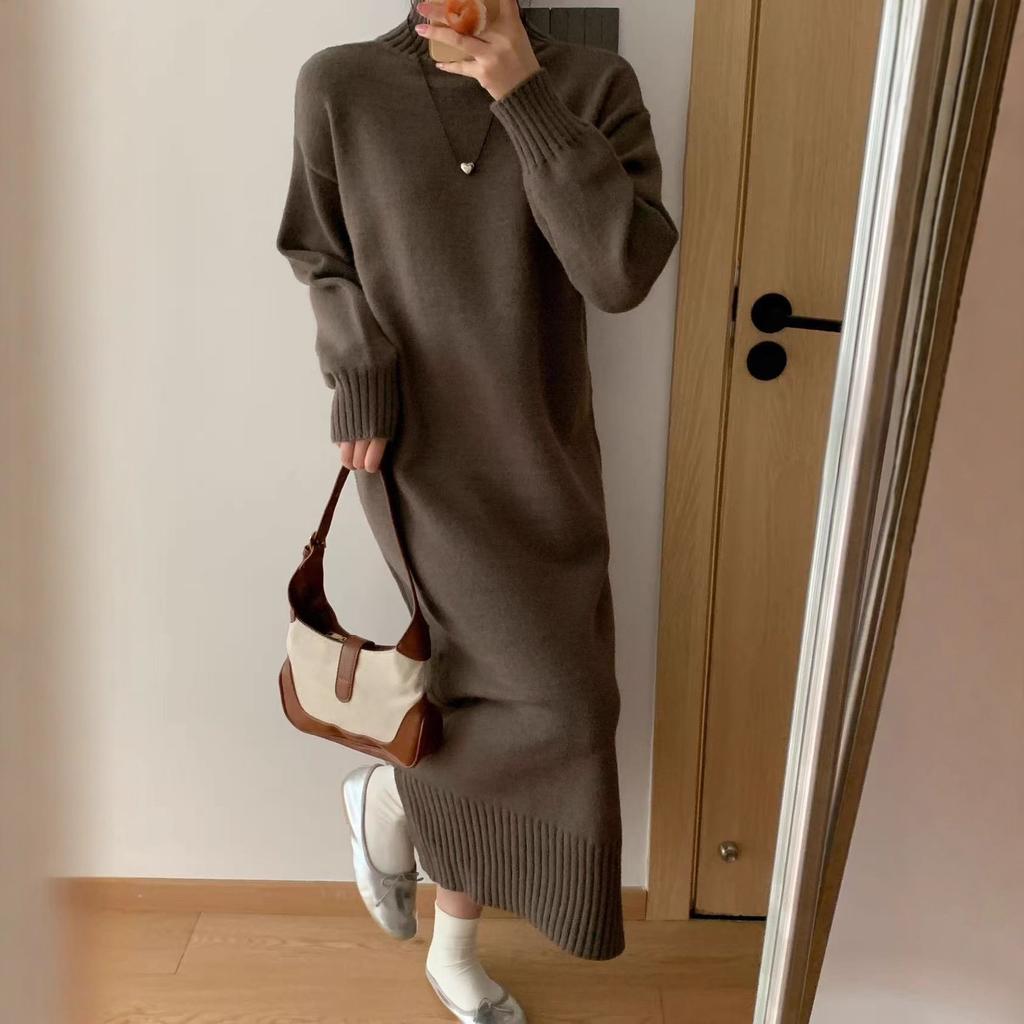 European and American new half-high neckline side slit loose lazy style long-sleeve thickened solid knit long skirt for women