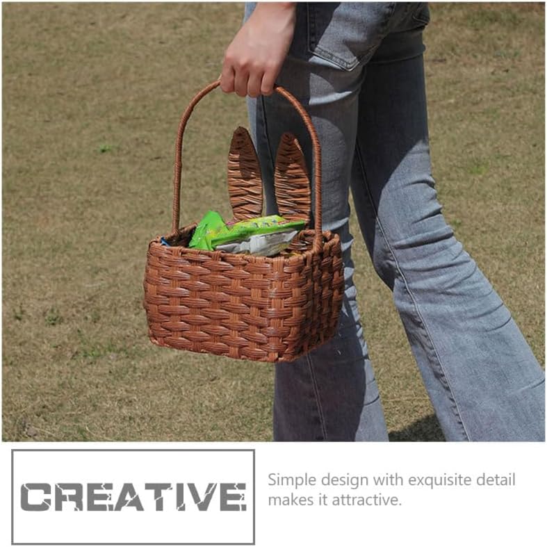 

Cabilock Wicker Woven Basket with Handles Bunny Ear Shape Picnic Serving Basket Rattan Seagrass Flower Basket Wall Storage Organizer Basket for