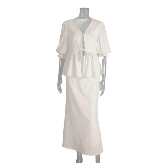 Women s Summer 2 Piece Skirt Sets, Puff Short Sleeve Tie Front Top High Waist Maxi Skirt Casual Beach Vacation Outfits S