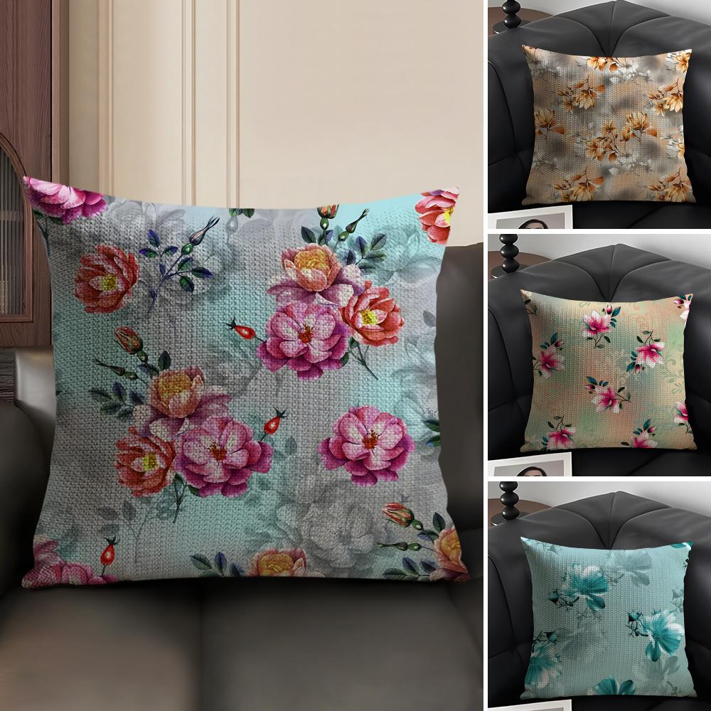 Classic Floral Print Elegant Cushion Cover Natural Linen Organic Fabric Double-Sided Printing Sofa Home Decor Gift Pillow Case
