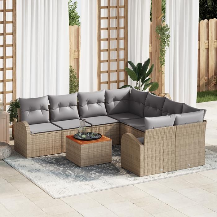 VidaXL Ensemble de canapé de jardin 9 pièces avec coussins Beige Poly Rotin Acacia 3347560