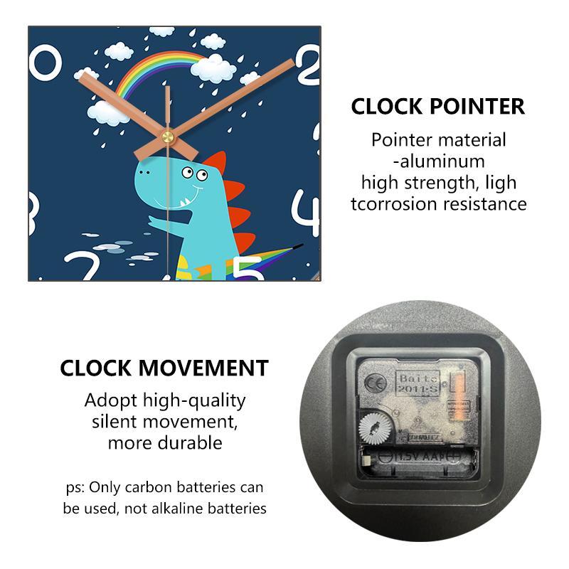 Kids Dinosaur Wall Clock Cute Cartoon Rainbow Design Easy To Read Round Quartz Clock for Boys Bedroom Nursery Classroom Decor