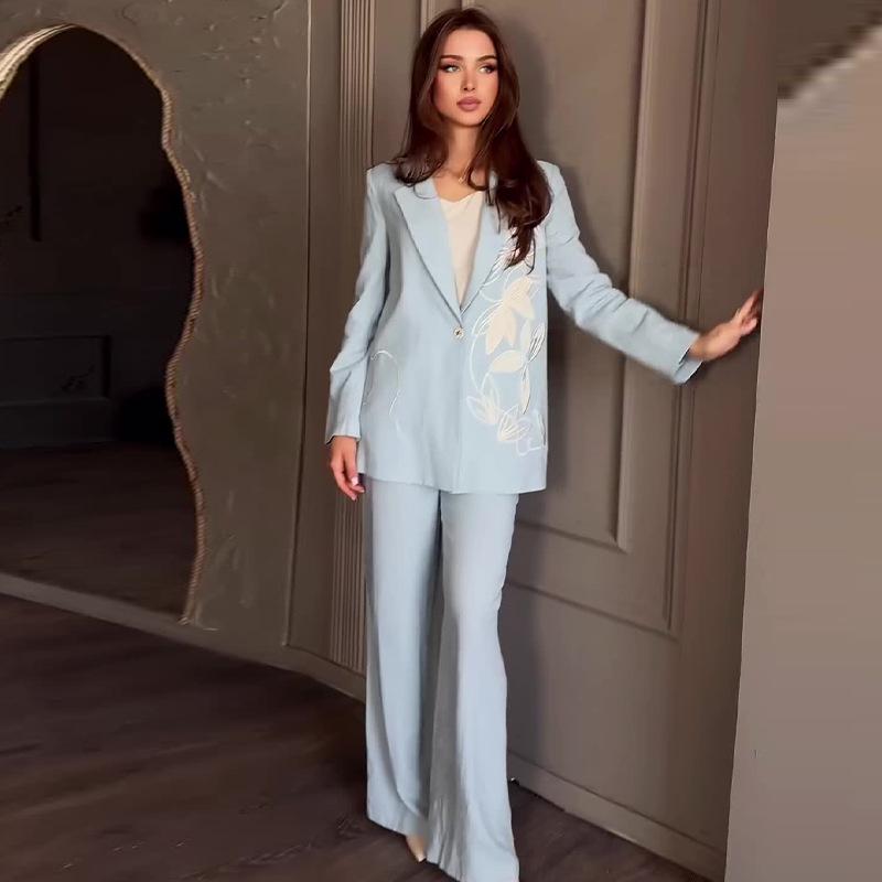 2024 Autumn European & American Elegant Turn-Down Collar Fashion Print Suit Set
