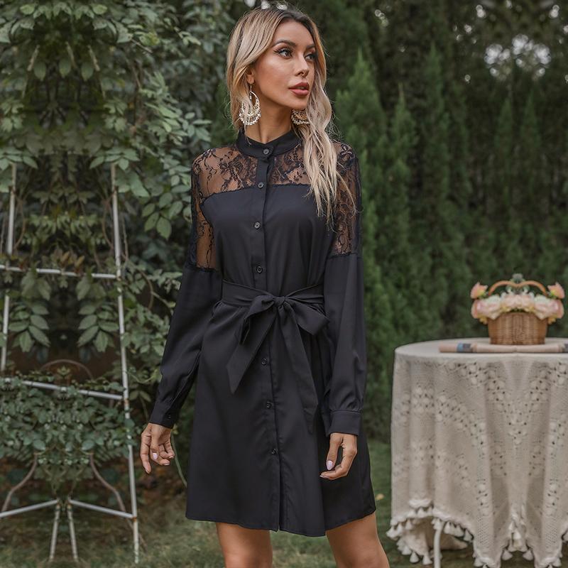 YYFS Vestidos casuales de cintura alta con cuello alto y manga larga con estampado de encaje vintage para mujer