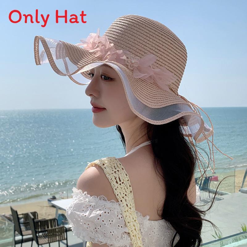 Summer Pearl Floral Straw Hat With Wide Brim For Outdoor Travel Sun Protection