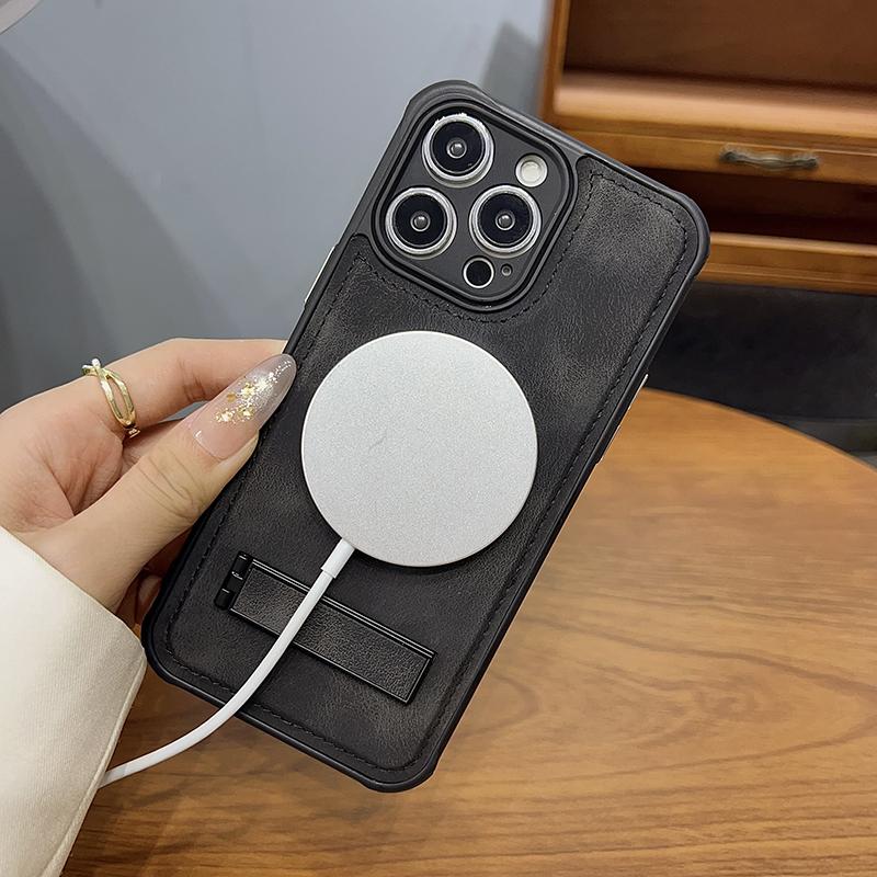Magsafe Magnetic Wireless Charging Bracket Leather Phone Case For iPhone 15 Pro Max 11 13 12 14 Pro Max Shockproof Back Cover