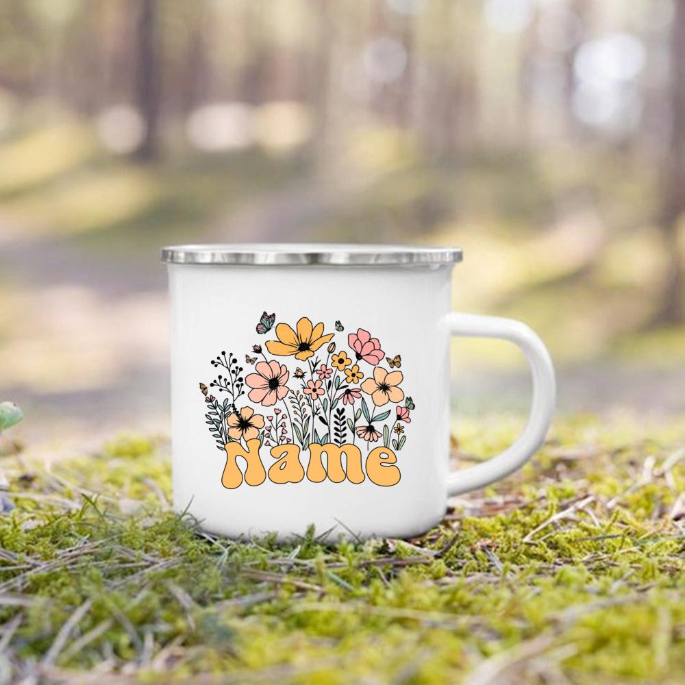 Personalised Flower with Name Coffee Cup Drinks Water Mug Custom Enamel Camping Mug Outdoor Cups Festive Birthday Gift for Her