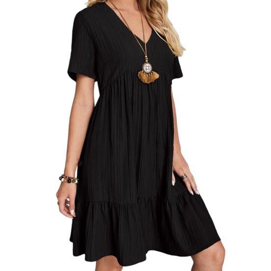 

Summer Dress for Women Short Sleeve Pleated V Neck Dress Tiered Swing A Line Dress Casual Flowy Beach Sundress M чорний