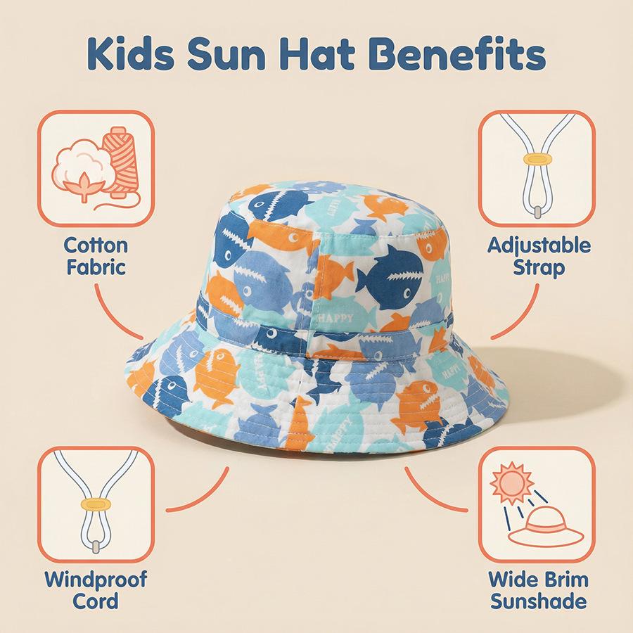 Spring & Summer Kids' Cotton Shark Bucket Hat - Wide Brim for Boys & Girls