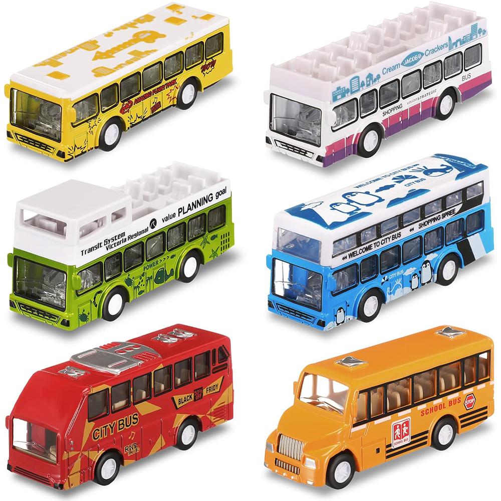 6-teiliges Schulbus-Spielzeugauto-Set, kleine Autos aus Druckgussmetall, Stadtbus, Doppeldecker, reibungsbetriebene Autos, Spielspielzeugfahrzeuge, Türen zum Öffnen, Lernspielzeug, Großpackung