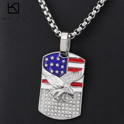 Hip Hop Square Stone Pendant for Men Eagle Baked American Flag Stainless Steel Pendant Necklace Personalized Charms Jewelry