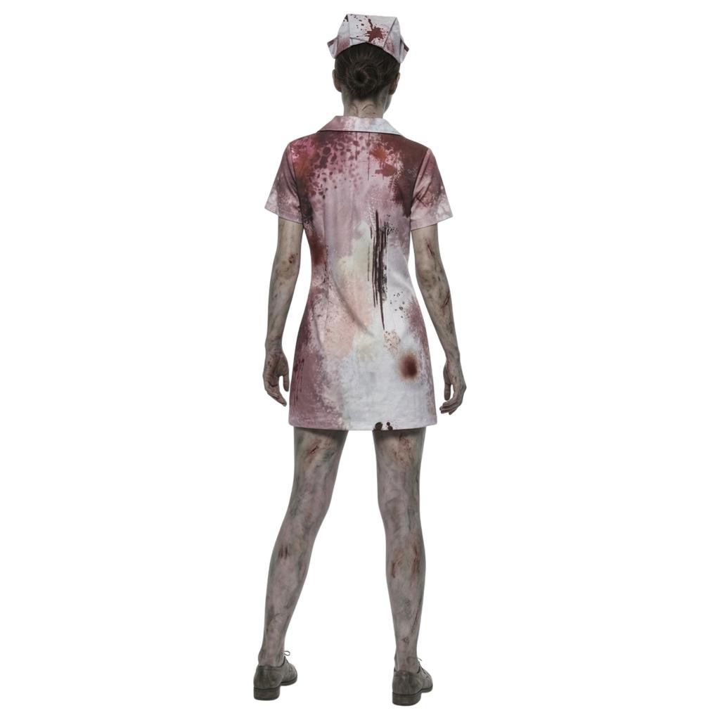 Adult Halloween Nurse Costume Dress Set Bloody Print Short Sleeve Button Front Mini Dress with Matching Hat for Costume Party Role Play