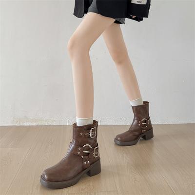Bottes Martin rétro britanniques à talons épais, collection automne 2025 pour femmes, à porter avec une jupe. Bottes courtes, fines et polyvalentes, parfaites pour un look décontracté.