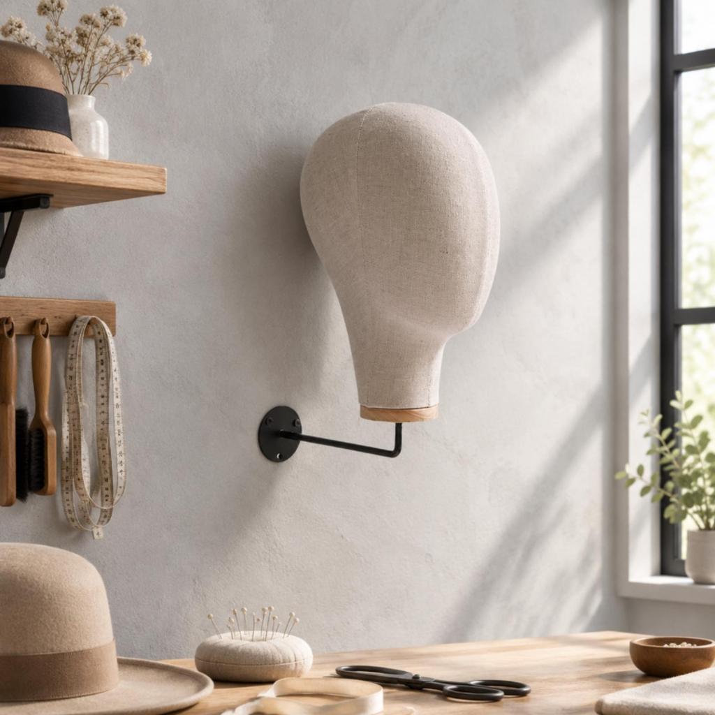 Female Mannequin Head with Wooden pedestalSaving WallMounted Compact Hairpiece Holder