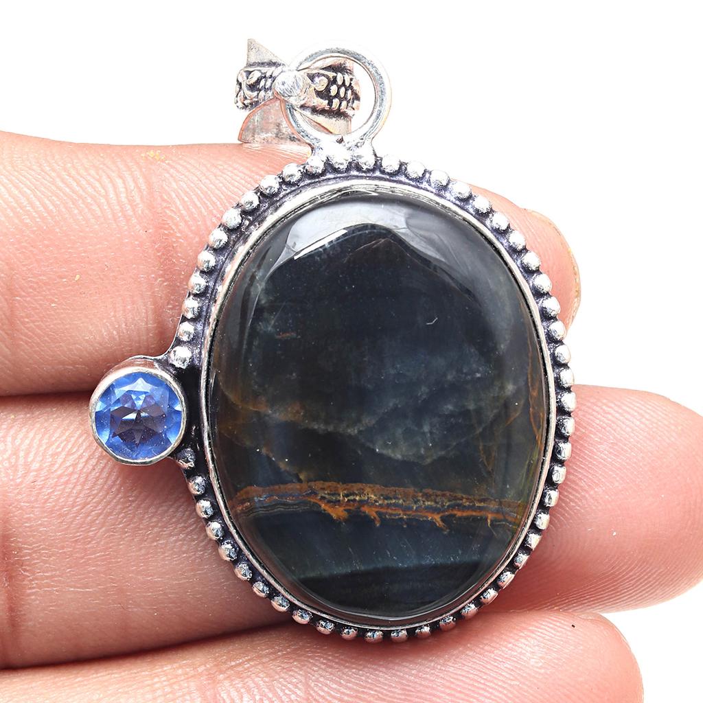 Pendant Black Tiger's Eye Tanzanite Gemstone Handmade Silver Jewelry 2"