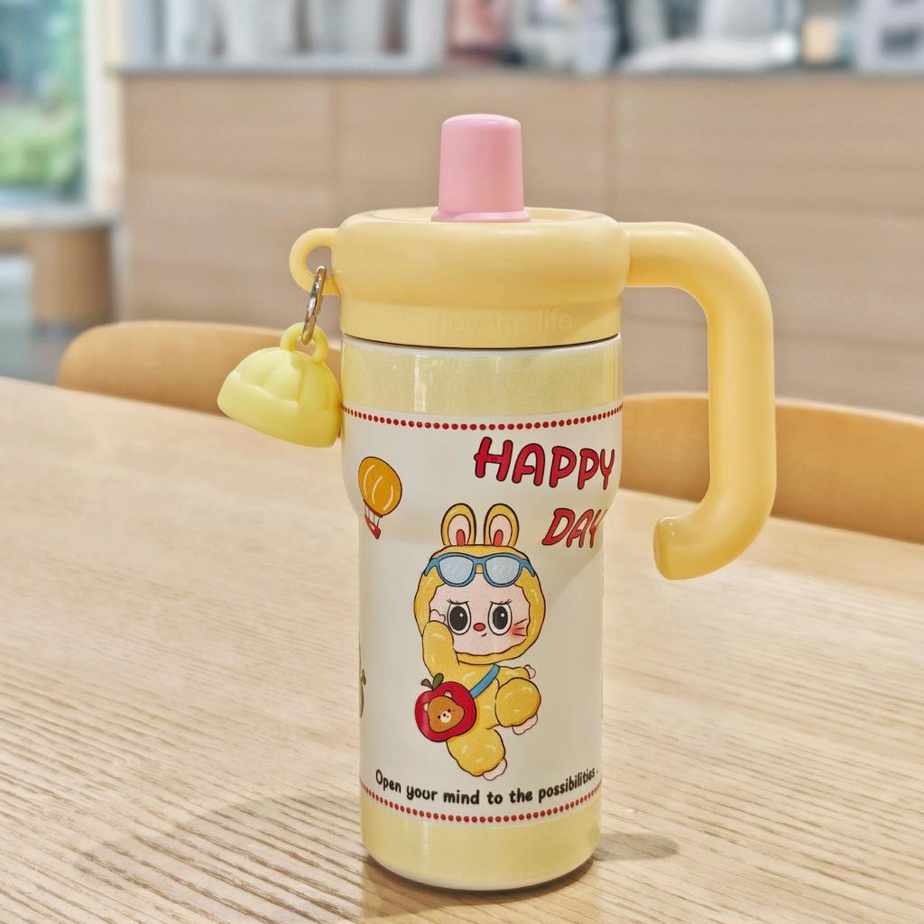 Floral Cartoon Handle Stainless Steel Vacuum Insulated Cup with Tea Infuser and Straw